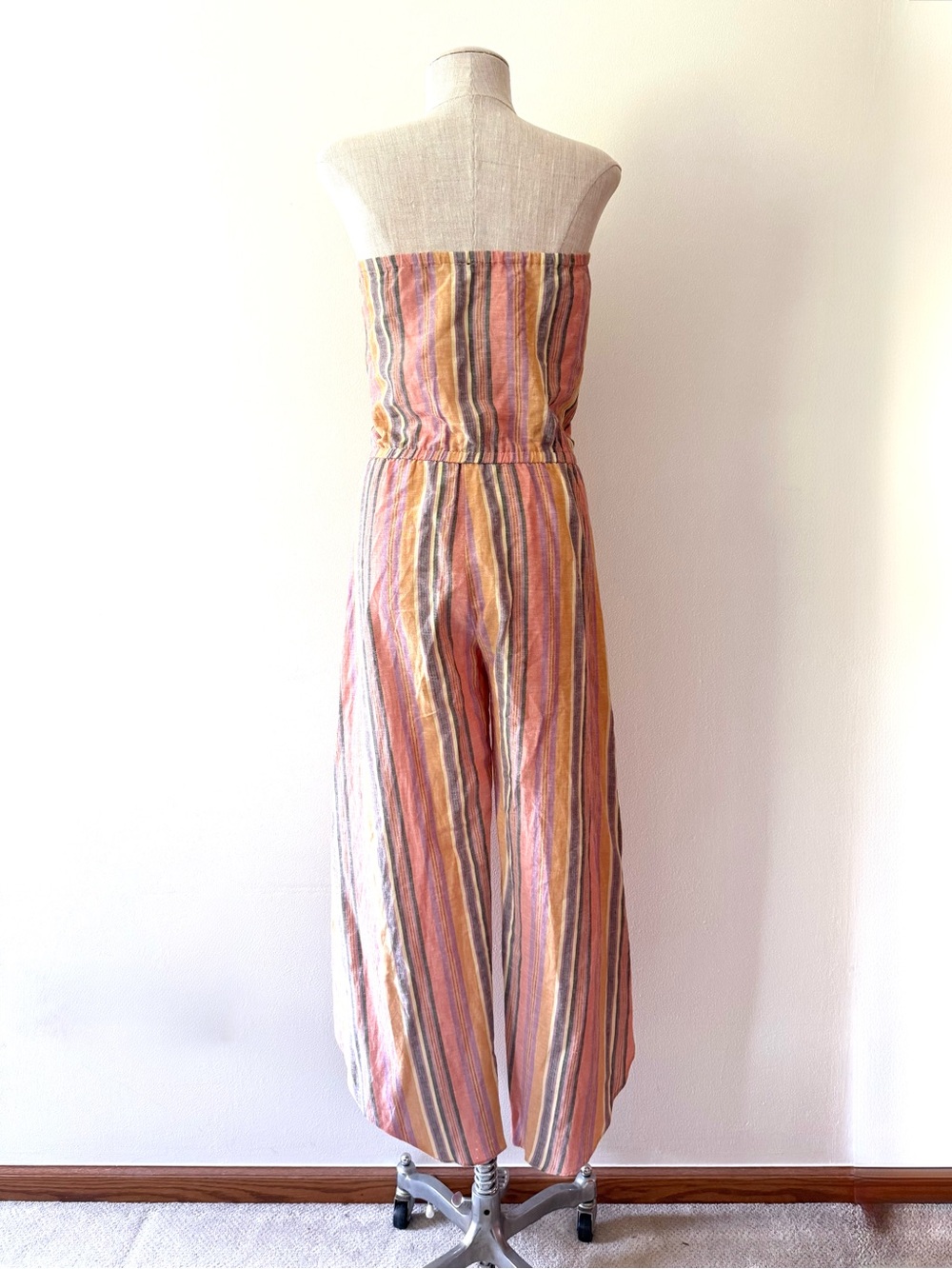 Anthro Drew Emerson XS Linen Strapless Tulip Split Leg Rainbow Striped Jumpsuit - Picture 5 of 15